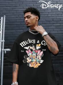 Disney Authorized Mickey Mouse Cartoon Pattern And Mickey Letter Print, Men's Black Pure Cotton Short Sleeved T-Shirt, Breathable White Short Sleeved T-Shirt, Suitable For Summer Wear, Neutral, Regular Round Neck Casual Style, Washable, Comfortable And Loose. - 黑色 - 查看 1