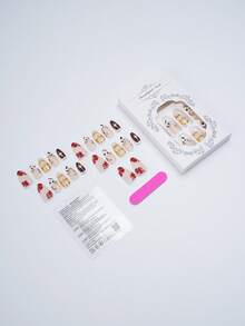 30片海洋風穿戴式假指甲，杏仁形3D海星與貝殼花卉圖案，亮面全覆蓋壓克力指甲，珍珠與金色裝飾，適合女性與女孩夏季度假海灘及日常配戴 - 紅木色 - 查看 6