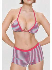 Fashionable And Fresh Multi-Color Striped Halter Neck Tie-String Bikini Set With Square-Cut Bottoms - Blue - View 11