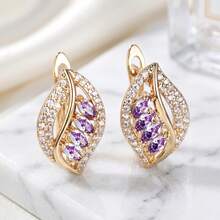 1 paire de boucles d'oreilles clips de luxe en forme de goutte d'eau avec pierres décoratives multicolores et œil de cheval, incrustées de zircone cubique synthétique brillante, style feuille ajourée, boucles d'oreilles de mariage, cadeau d'anniversaire et de fête, convient aux femmes élégantes et professionnelles, approprié pour les mariages, les galas, les anniversaires et les occasions professionnelles - Doré - Voir 6