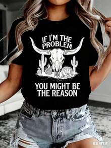 If I'm The Problem Summer Fashion Desert Cactus Bull Head Print Casual Women's Short Sleeve Shirt-New Autumn/Winter Collection: Unisex Relaxed Fit Long-Sleeve Crew Neck Sweatshirt - 黑色 - 查看 3