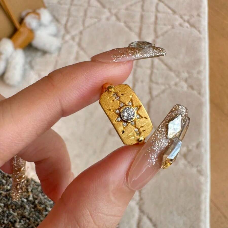 18K镀金锆石八角形开口戒指,法式复古风格,女士款 - 金色 - 查看 1