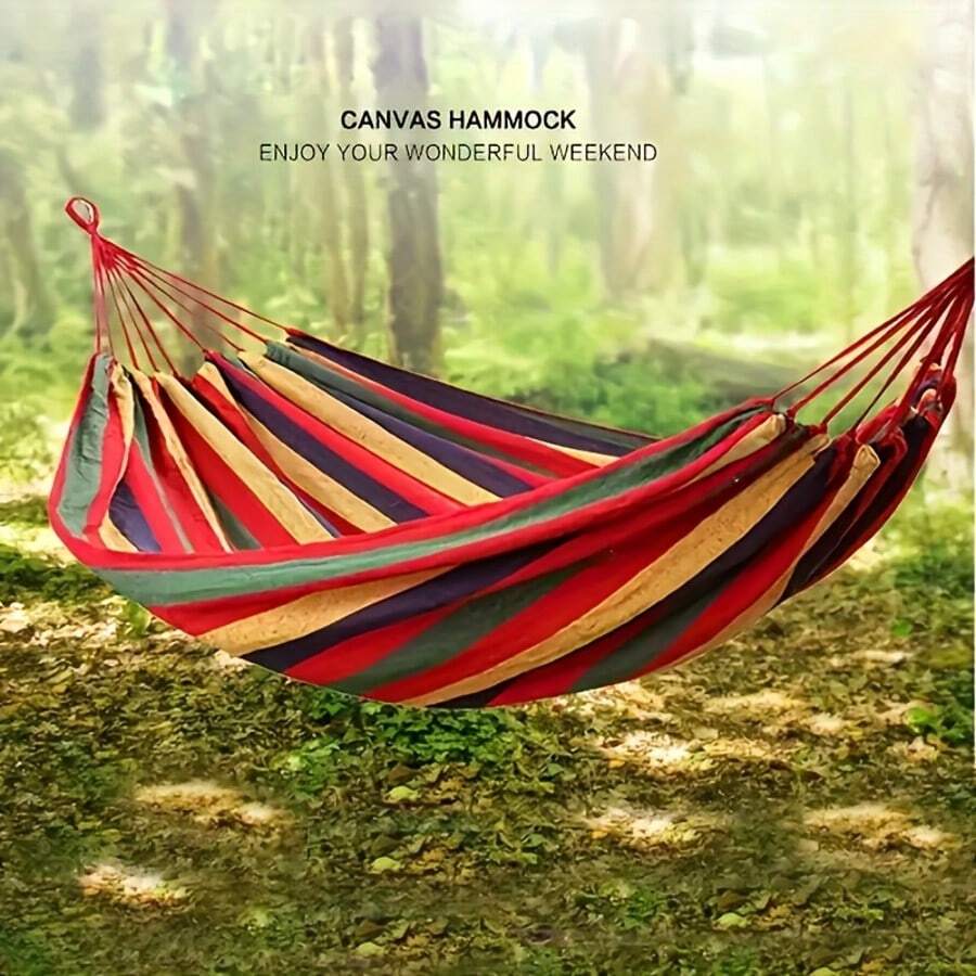 Hamaca de jardín y camping, fácil de instalar, portátil, de tela colorida, con diseño antivuelco. Incluye correas y bolsa de almacenamiento portátil. Ideal para acampar al aire libre y en interiores. Hamaca portátil de rayas vibrantes con bolso, cuerdas, diseño antivuelco, para un sueño confortable, viajes al aire libre, jardín, ideal para relajarse en el camping o en el porche.