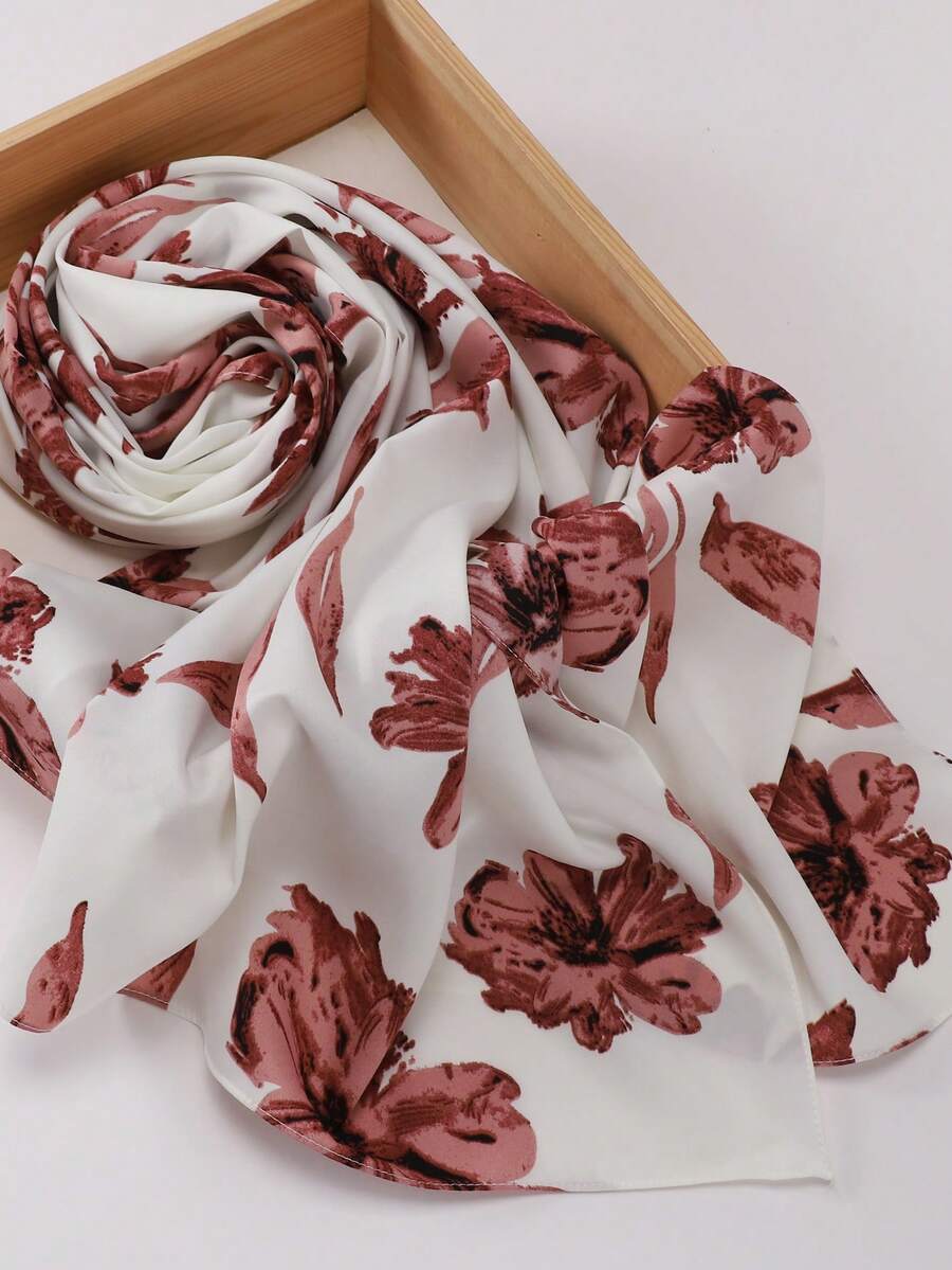 1pc Women's Pearl Chiffon Floral Print Fresh Scarf, Muslim Hijab Scarf - Watermelon Pink - View 1