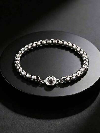 1件极简主义不锈钢方形珍珠链圆形扣手链，银色男士饰品