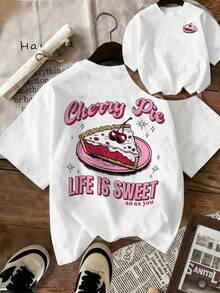 女士甜樱桃派字母印花短袖T恤，圆领前后双面印花，休闲甜美又酷炫的街头风上衣 - 白色 - 查看 3