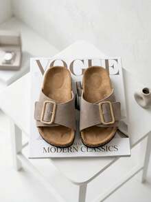 Elegant And Comfortable Women's Suede Slippers Made Of Natural Leather, On A Cork Sole, With A Gold Buckle And Contoured Insole, Ideal For Summer Black Beige Green - Khaki - View 3