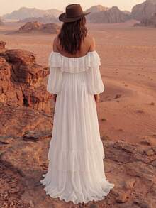 Maternity Off-Shoulder White Long Sleeve Ruffle Hem Dress, High Slit Loose Flowy Pregnancy Photoshoot Formal Gown Fall - White - View 2