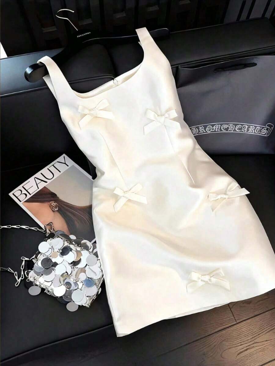 Vestido mini de estilo francés con tirantes de acetato y lazo, vestido elegante con cintura ceñida en color albaricoque, adecuado para fiestas, graduaciones, vacaciones, San Valentín, festivales de música, Día de la Madre, Acción de Gracias, Pascua, Día Nacional, bailes, citas, bodas, salidas - Albaricoque - Ver 1