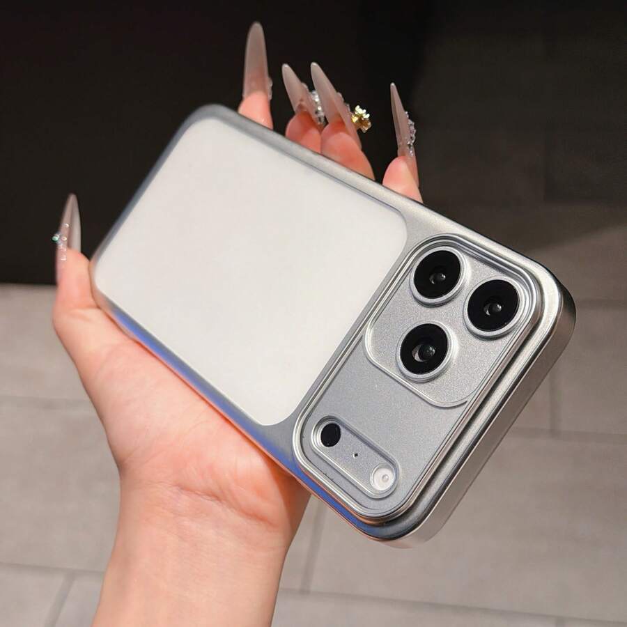 Metallic Frame Phone Case, Silver & Orange Matte Solid Color Design, Shockproof Anti-Fall Protective Cover With Large Camera Guard, Minimalist Aesthetic Bumper For IPhone 17 16 15 14 13 Pro Max - Silver - View 1