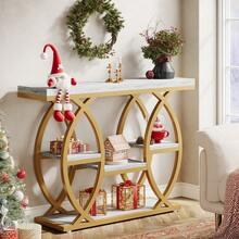 LITTLE TREE 39.4" Console Table, Industrial 4-Tier Sofa Table Entryway Table With Storage Shelves, Narrow Wood Accent Tables With Metal Frame For Small Spaces, Hallway, Foyer, White Gold - 白金 - 查看 7