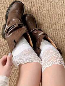 1 Pair White Knee-High Lace Socks, Women's Thigh-High Leg Warmers, Y2K Style, Suitable For Spring, Autumn & Winter - trắng - Xem 5