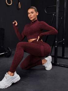 Seamless Zip-Up Tracksuit With Thumb Holes - Burgundy - View 2