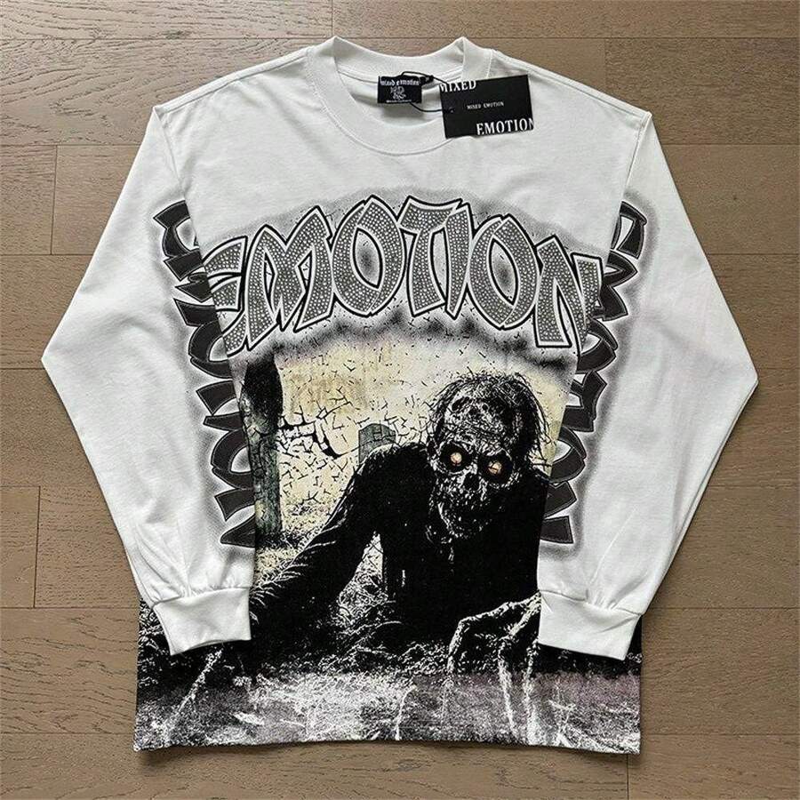 2026 MIXED EMOTION Long Sleeve T-Shirt Men Women High Street Full Print 100% Cotton Crewneck Hip Hop Oversized Tops Tops Hoodies Summer Clothes Western Outfits For Women Summer Outfits For Women Jackets Sweater Jackets For Women - 圖5 - 查看 1