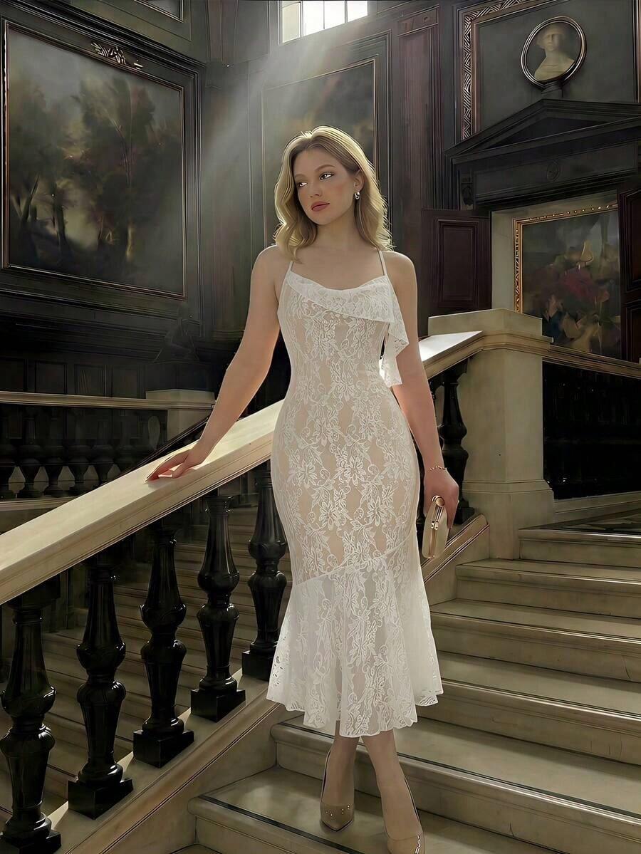 Vestido largo sirena sensual estampado degradado colorido, tirantes finos cruzados en espalda, cuello caído y falda asimétrica con volantes, ideal para vacaciones playeras hawaianas, citas y eventos especiales de primavera y verano - Blanco - Ver 1