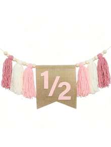 Bandera de silla alta y gorro de cumpleaños de medio año en rosa/azul, bandera decorativa para fiesta de cumpleaños de bebé, adornos colgantes para silla alta con cuentas de madera y borlas - Multicolor - Ver 4