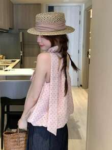 Sweet Asymmetrical Shoulder Slimming T-Shirt, Backless Polka Dot Sleeveless Top For Women, Summer Pink Casual - Pink - View 3