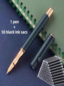 1 penna + 50 st. refillpatroner, matt metallreservoarpenna, mjuk skrift, lämplig för skolan, kontoret, present, kompatibel med 3,4 mm bläckpatroner - 51-delat set - Visa 11