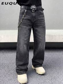 Quần jeans ống rộng dáng suông dành cho nam, phong cách đường phố thường ngày, phù hợp cho mọi mùa. - Đen và trắng - Xem 2