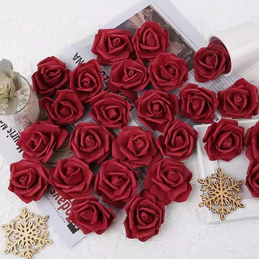 Artificial Rose Flower Heads, 100 Pcs Real Looking Burgundy Foam Fake Roses For DIY Wedding Centerpieces Arrangements Party Tables Home Decorations - Multicolor - View 1