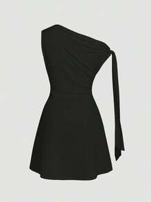 Vestido minimalista para mujer con estampado floral de tinta, hombro asimétrico con lazo, cintura ajustada - Negro 2 - Ver 3