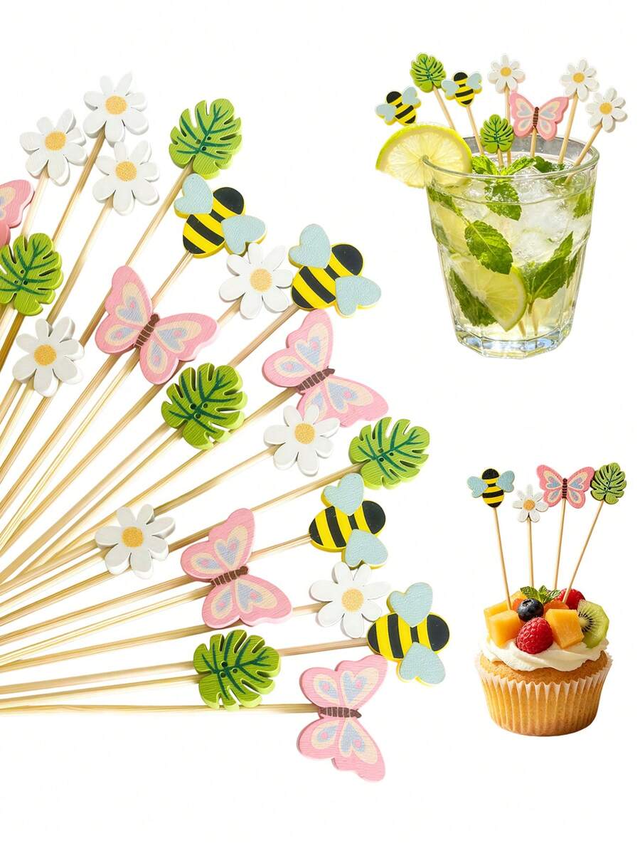 100/20 piezas Palillos de cóctel estilo hawaiano, brochetas de cóctel de bambú tropical, palillos de cóctel de verano para piscina y playa con mariposa, abeja, hoja de mango, margarita, adecuados para aperitivos, comida, bebidas, fiesta de playa hawaiana - Multicolor - Ver 1