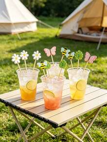 100/20 piezas Palillos de cóctel estilo hawaiano, brochetas de cóctel de bambú tropical, palillos de cóctel de verano para piscina y playa con mariposa, abeja, hoja de mango, margarita, adecuados para aperitivos, comida, bebidas, fiesta de playa hawaiana - Multicolor - Ver 9