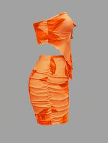 Women's Summer New Strapless Asymmetrical Hem Top And Ruched Skirt Sexy 2 Pieces Set, Suitable For Vacation And Beach Elegant - Orange - View 3