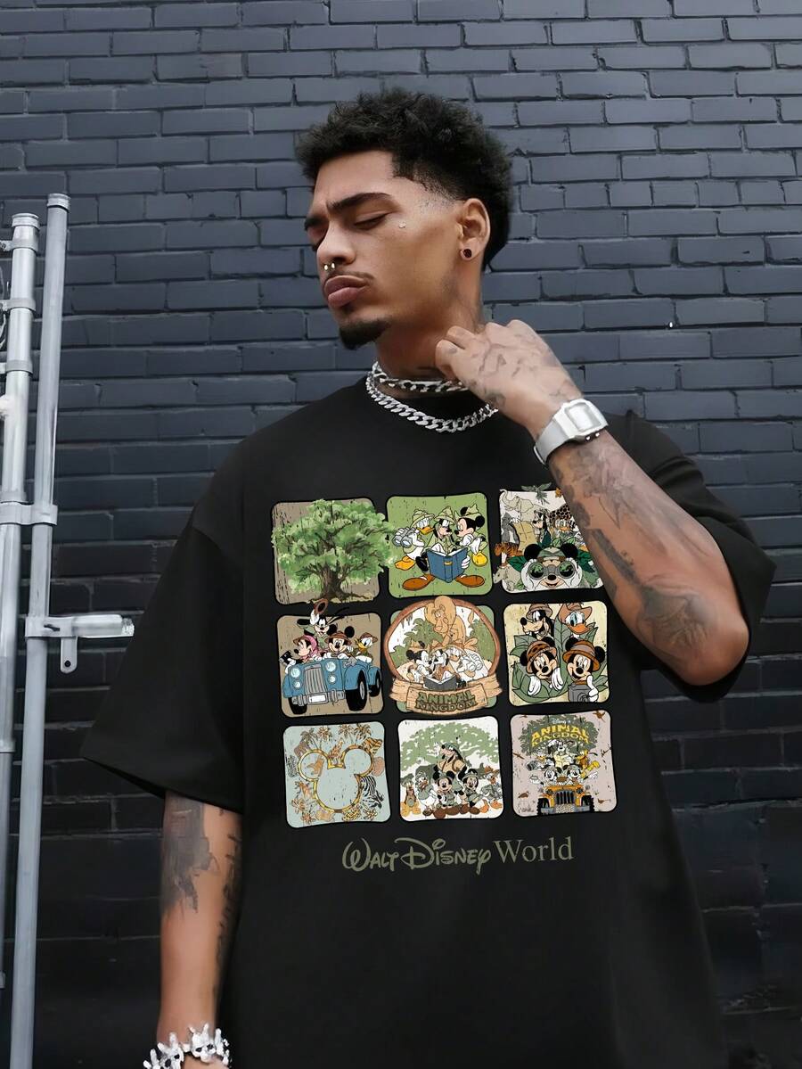 Disney Authorized Mickey Mouse And Disney Animal Kingdom Cartoon Patterns And Disney World Letter Prints, Men's Black Pure Cotton Short Sleeved T-Shirt, Breathable White Short Sleeved T-Shirt, Suitable For Summer Wear, Neutral, Regular Round Neck Casual Style, Washable, Comfortable And Loose. - màu đen - Xem 1