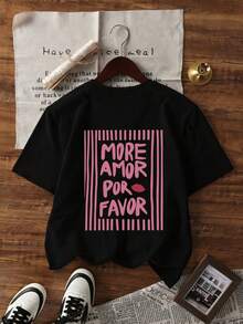1件女款夏季寬鬆休閒圓領短袖T恤上衣，「MORE AMOR POR FAVOR」條紋印花圖案，黑色 - 黑色 - 查看 5
