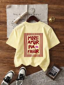 1件女款夏季寬鬆休閒圓領短袖T恤上衣，「MORE AMOR POR FAVOR」條紋印花圖案T恤，適合派對、度假、辦公、日常、約會、聚會、街頭穿搭，夏季首選T恤上衣 - 黃色 - 查看 5