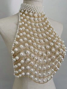 ZHENGHEN Pearl Mesh Spaghetti Strap Bodychains Top, White Pearl Beaded Cropped Blouse, Luxury Beach Festival Body Jewelry - Gold - View 5