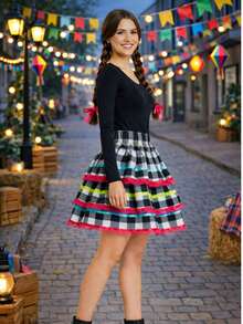 June Festival Skirt, Adult/Youth Cup, Countryside Checkered, Round Square Dance, Saint John's Day, Ruffles, Luxury - 玫紅色 - 查看 2