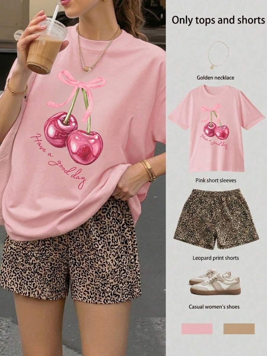 2 piezas Conjunto de top de manga corta con estampado CEREZAy short animal print estampado animal para mujer- Traje de verano de dos piezas para mujer para vacaciones en la playa - Rosa - Ver 1