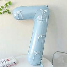 7pcs Blue Number Balloon Set, Bow Tie DIY Decor, Blue Number (0-9) Foil Balloons, Includes Glue, Suitable For Birthday Party, Room Decor, Anniversary, Photo Props, Princess Party Decoration - Baby Blue + Bow - View 8