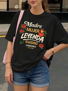 Camiseta Negra Madre Mujer Leyenda Raising Chingones Desde 1999 con Rosas y Corazon para Mujer - Negro - Ver 1