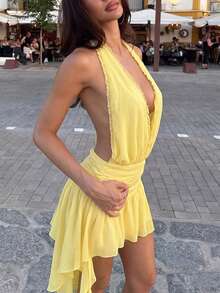 NOVELLE Vestido tipo slip sin mangas con tirantes finos estilo francés para mujer, elegante y vestido amarillo sin espalda, adecuado para citas de verano, fiestas, vacaciones y uso diar - Amarillo - Ver 5