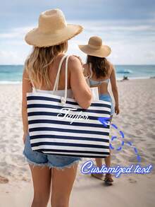 [Embroidered] Customized Navy Blue And White Striped Beach Tote Bag, Large Women's Canvas Rope Handle Shoulder Bag, Essential For Summer Beach Travel - Multicolor - View 1
