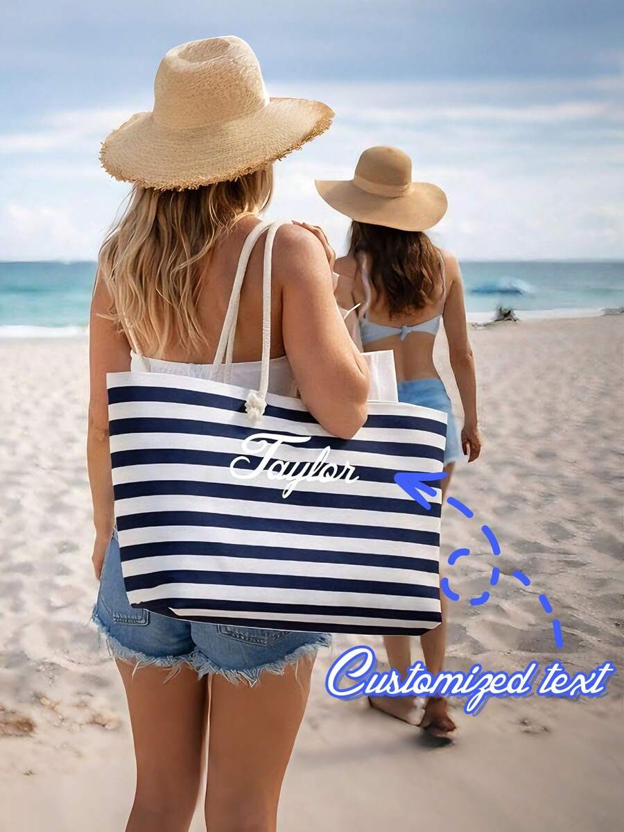 [Embroidered] Customized Navy Blue And White Striped Beach Tote Bag, Large Women's Canvas Rope Handle Shoulder Bag, Essential For Summer Beach Travel - Multicolor - View 1