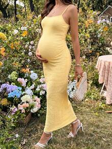 Maternity Yellow Spaghetti Strap Textured Fitted Bodycon Dress, Pregnancy Photoshoot Slimming Dress, Summer Maternity Dress For Dates And Checkups, Fitted Maternity Gown For Photoshoot, Maternity Stretchy Fitted Long Dress, Outdoor Vacation Elegant Maternity Dress, Comfortable Fitted Maternity Dress For Daily Wear - Yellow - View 1