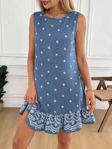 Vestido de línea A sin mangas con estampado floral y volante en el bajo, vestido informal y elegante para oficina/vacaciones, vestido mini para mujer en primavera/verano - Multicolor - Ver 2