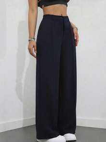 Women's Minimalist 2-Pieces Set: High-Waisted Wide-Leg Pants, Classic Navy Blue And Coffee Color, Front Pleated Waistband, Modern Low-Key Luxury Office & Casual Pants Set, Effortlessly Elegant Professional And Streetwear Style Bottom - Multicolor - View 11