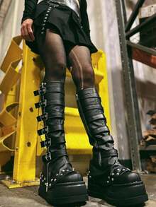 Black Metal Punk Combination Long Boots Cool Platform Height-Enhancing Knee-High Botines Zipper Buckle Leggings Botas - 黑色 - 查看 2