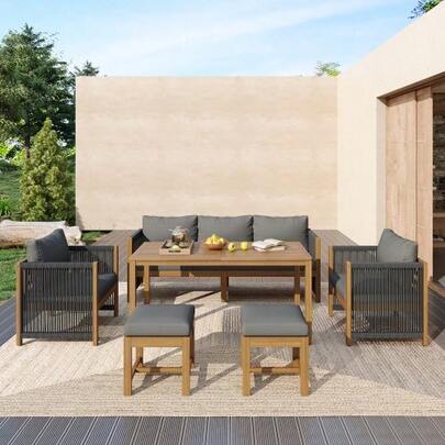 Garten-Esstisch-Set, Garten-Loungestuhl-Set, 6-Teiliges Set. Gartenmöbel-Set, 3er-Sofa, 2 Einzelsofas, 2 Hocker, Esstisch, Akazien-Tischplatte, Gray
