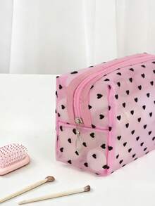 1 pieza Bolsa de maquillaje de malla con corazón rosa, bolsa de almacenamiento minimalista, bolsa de aseo multifuncional, adecuada para maquillaje, viajes y uso diario - Rosa - Ver 6