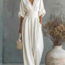 2026 New Women's Linen-Blend Jumpsuit, Deep V-Neck Half-Sleeve Belt Wide-Leg Pants, Elegant Casual Jumpsuit With Pockets, Suitable For Daily Wear In Summer Vacation - 白色 - 查看 1