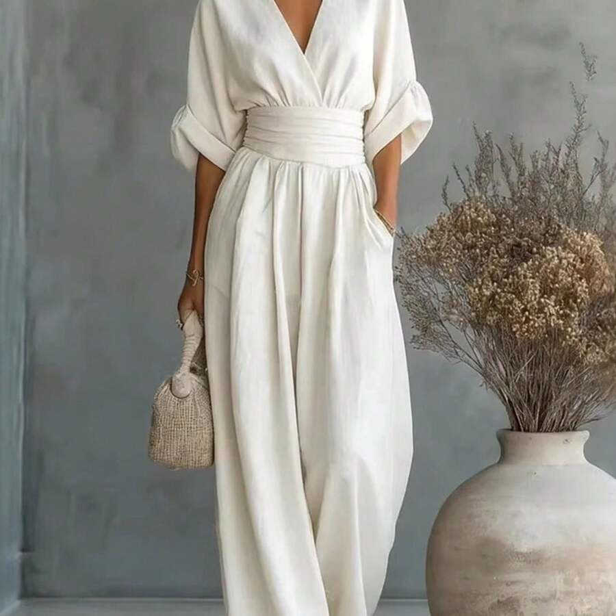 2026 New Women's Linen-Blend Jumpsuit, Deep V-Neck Half-Sleeve Belt Wide-Leg Pants, Elegant Casual Jumpsuit With Pockets, Suitable For Daily Wear In Summer Vacation - 白色 - 查看 1