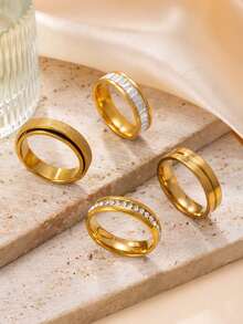 4pcs Classic Luxury Gold Stainless Steel Ring Set, Square/Round Diamond / Matte Rotating Design, Women Stackable Promise Rings, Suitable For Wedding Season & Anniversary - Gold - View 5