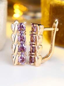 Pendientes tipo aro con hoja de CZ morada, pendientes tipo aro delicados chapados en oro, perfectos para fiesta/cita/uso diario, joyería de moda - Morado - Ver 3