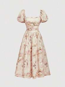 MOD Women's Retro Floral Square Neck Puff Sleeve Asymmetrical Waist Midi Dress, Suitable For Spring/Summer, Vacation, Beach, Victorian Era, Garden, Party, Afternoon Tea, Wedding, Fairy Core - 彩色 - 查看 2